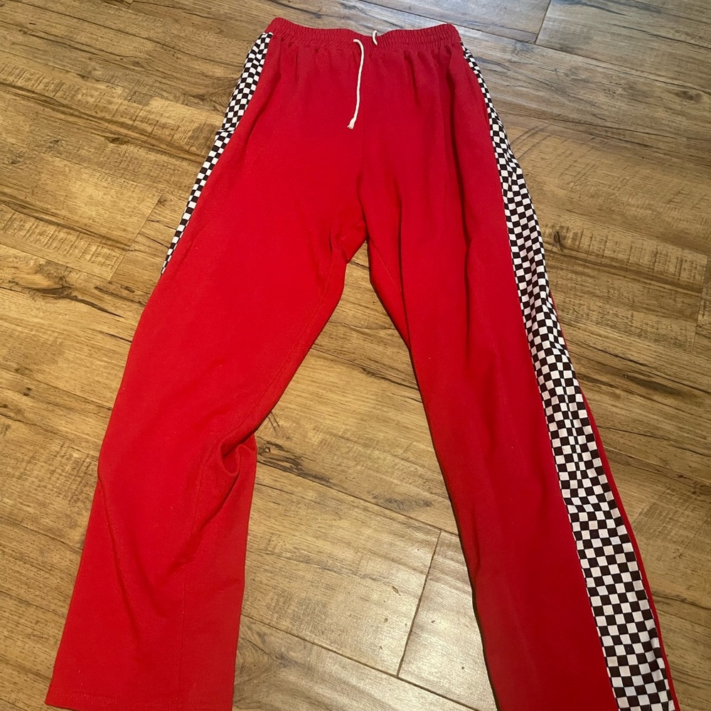 Red checker print sweats
